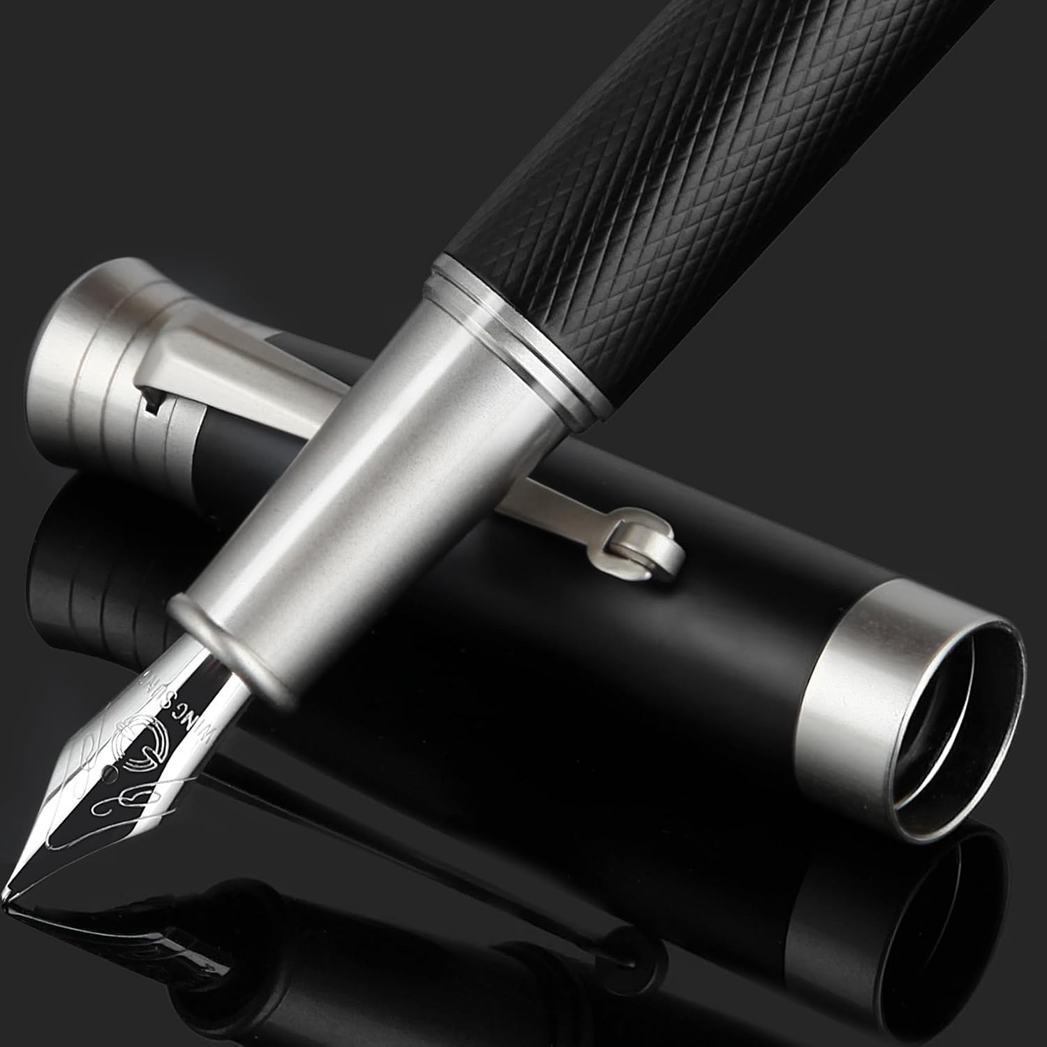 Luxury Fountain Pen Set,perfect combination of matte black and antique silver,Medium Nib&Fine Nib,Includes 8 Ink Cartridges&Ink Converter