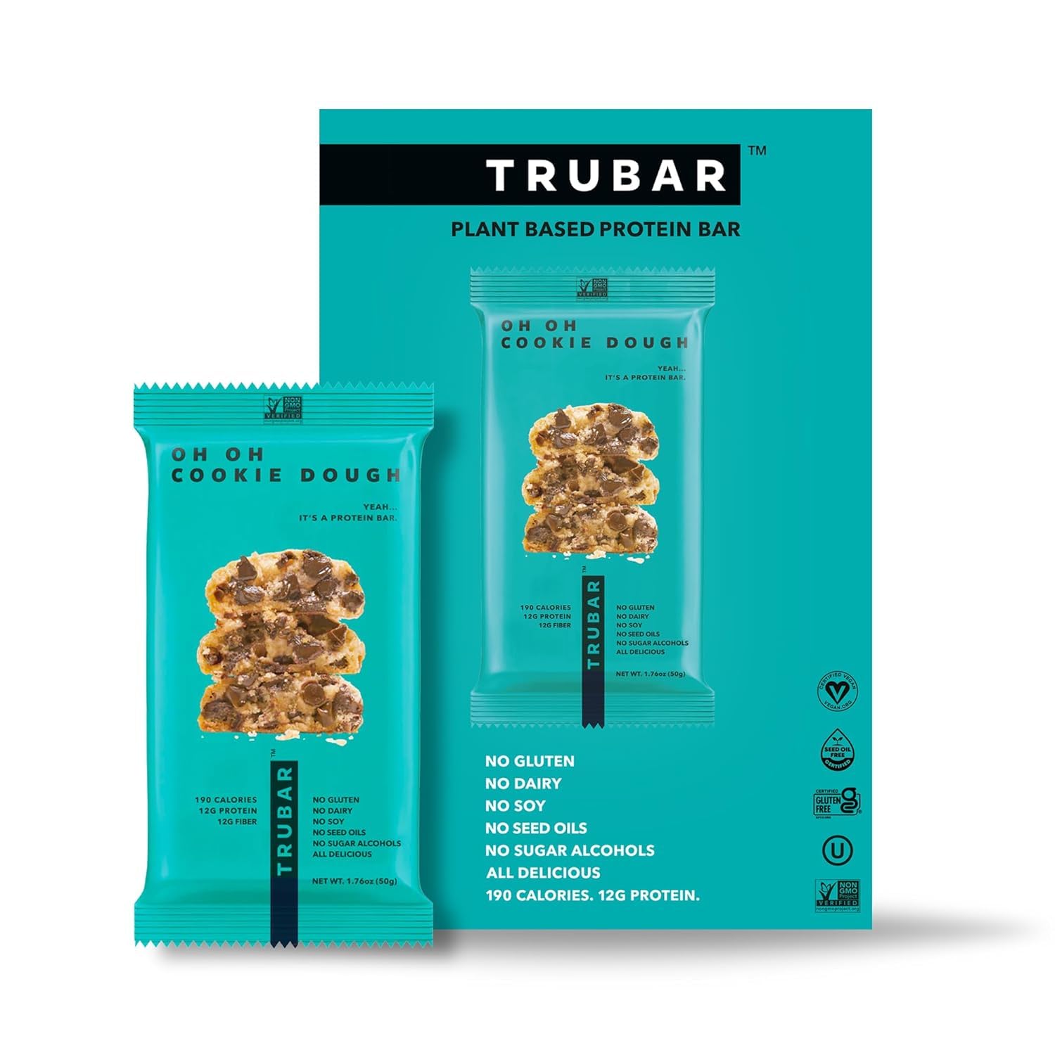 TRUBAR Vegan Protein Bar, Oh Oh Cookie Dough, Gluten Free, Plant Based, High Fiber, Dairy Free, Low Fat, No Sugar Alcohols, 12G Lean Protein, 13G Fiber, Healthy Snack Bars, 12 CT