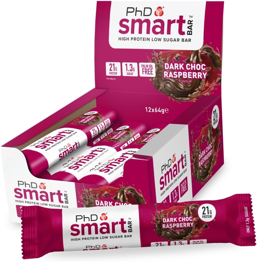 PhD Smart Hight Protein Bar Low Sugar, Nutritional Protein Bars/Protein Snacks, Chocolate Raspberry Flavour, 20g of Protein, 64g Bar (12 Pack)