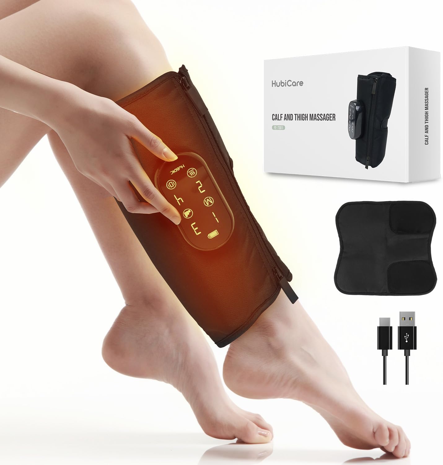 HubiCare Leg Massagers for Pain and Circulation Wireless Calf Massager Strong Compression with Heat & Vibration, 4 Modes 3 Intensities, Rechargeable, Self-Care Gift for Relaxation (1 Piece)