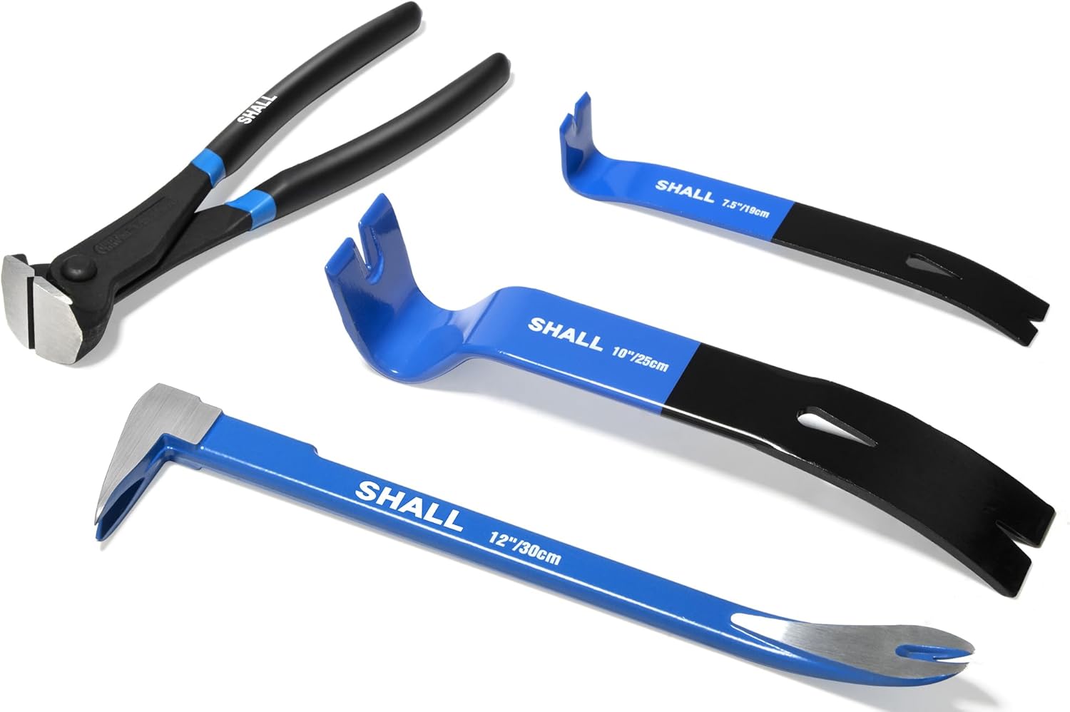 SHALL 4-Piece Pry Bar Set, 12-Inch(30.48cm) Cats Paw Nail Puller, 10-Inch(25.4cm) & 7.5-Inch(19cm) Flat Claw Pry Bars, 8-Inch End Cutting Pliers, Nail Remover Tool for Baseboard, Floor, Nails Removal