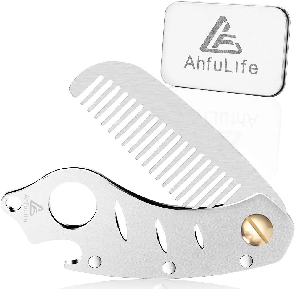 Metal Folding Beard Comb for Men, AhfuLife Moustache Pocket Foldable Comb With Bottle Opener Fits in Keychain, Stainless Steel Hair Beard Mustache Care - Presented in Gift Box (Silver)