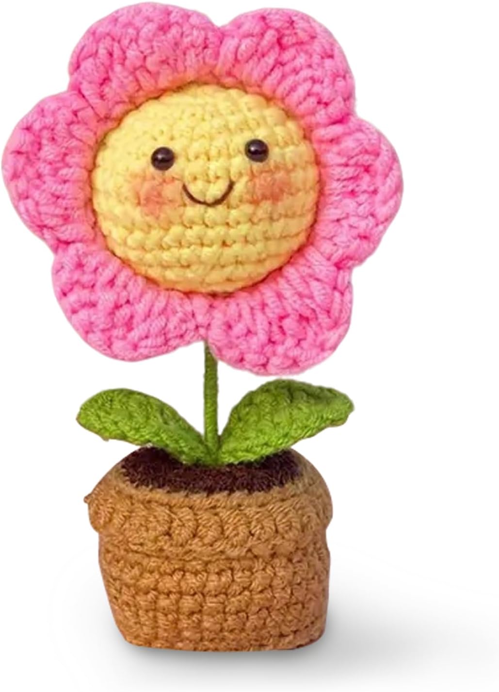 Knitting Crochet Sunflower Emotional Support Plant Creative Knitted Potted Plants with Smiley Face Pink Artifical Handmade Flower Decor for Home Office Sunflower Gifts for Women Girls