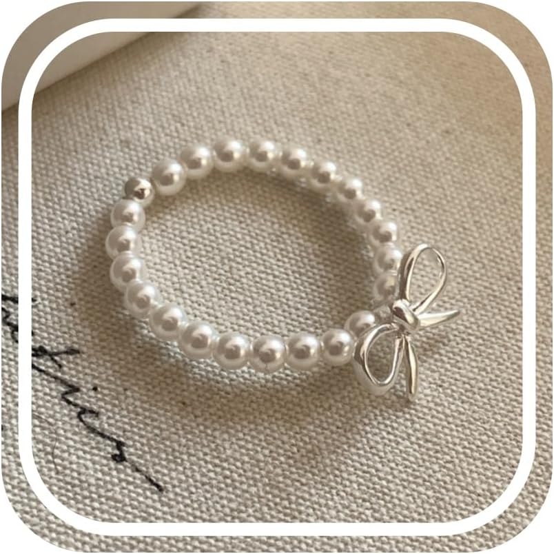 Pearl Rings for Women Silver Bow Pendant Finger Ring Ladies Exquisite Elegant Cheap Jewellery Valentines Birthday Gifts for Her UK Sale