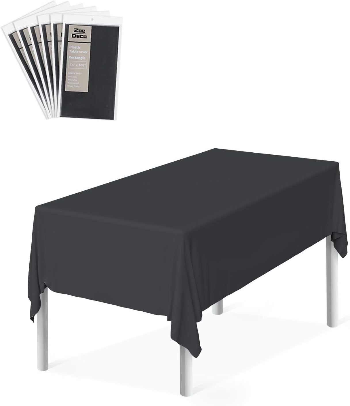 Zoe Deco Black Rectangular Plastic Tablecloth (6 Pack, 54x108), Disposable Table Covers for Parties & Picnics