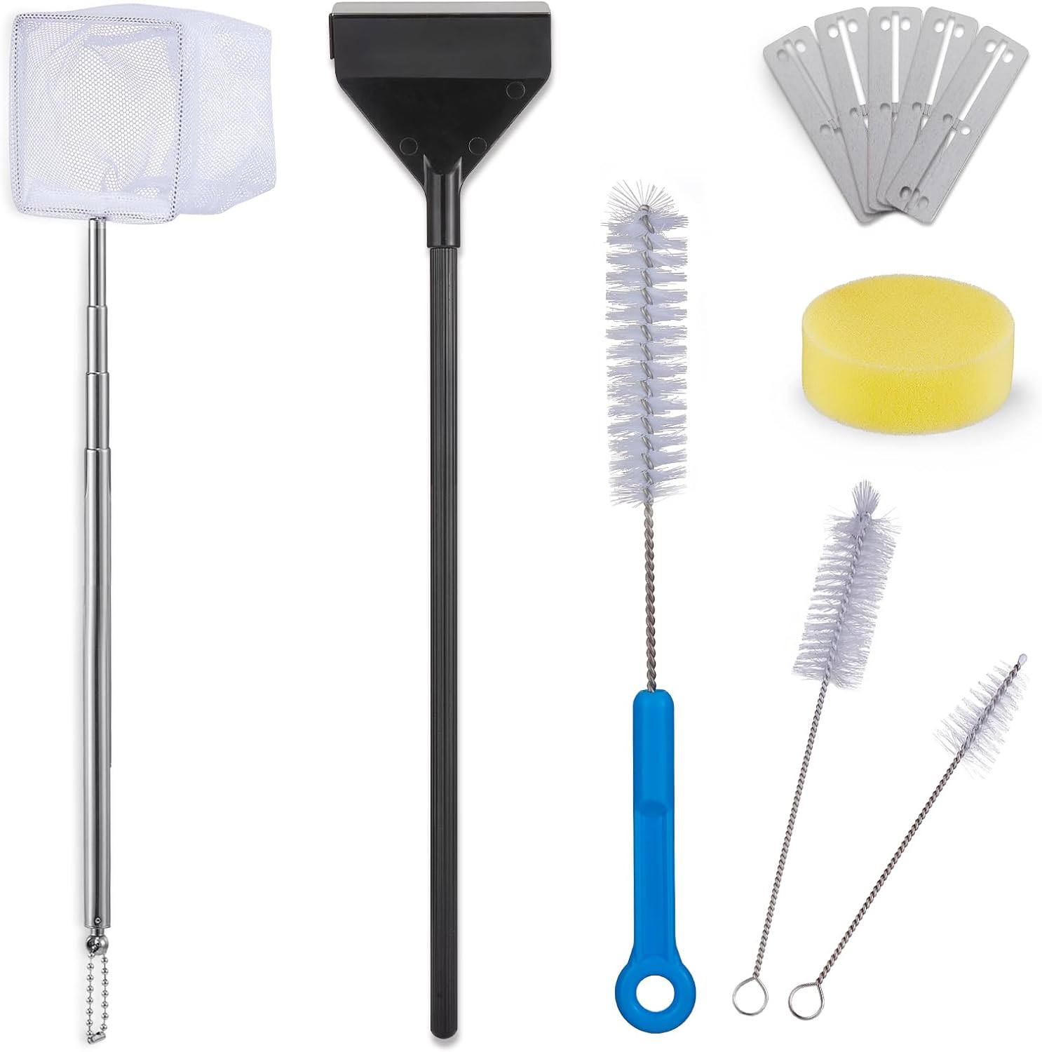 Fish Tank Cleaning Kit: Algae Scraper for Aquariums Glass Scrubber Cleaner Tools with Handle - 7 in 1 Betta Fish Tanks Cleaning Accessories Set Including Fishing Net Sponge Brush Pump Brush