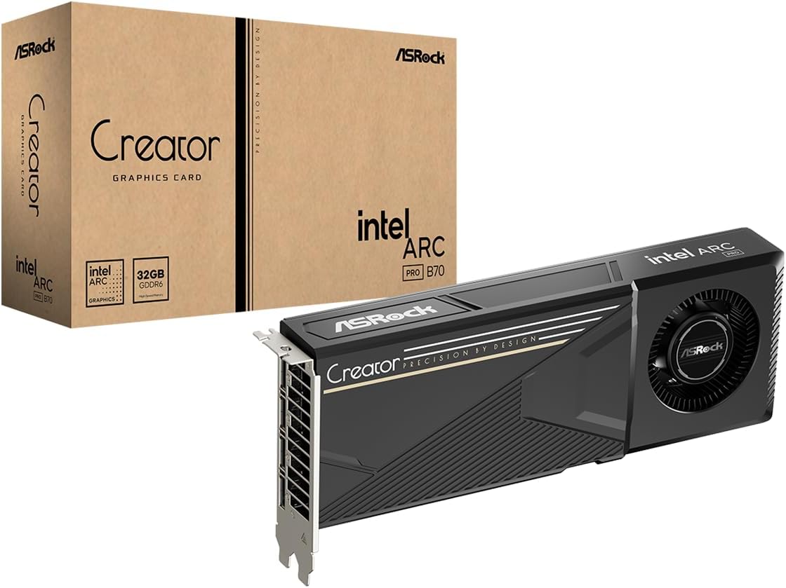 ASRock Intel Arc Pro B70 Creator 32GB Workstation Graphics Card, Xe2-HPG, 32GB GDDR6, PCIe 5.0, 4X DP 2.1, Blower Fan, Vapor Chamber, Honeywell PTM7950