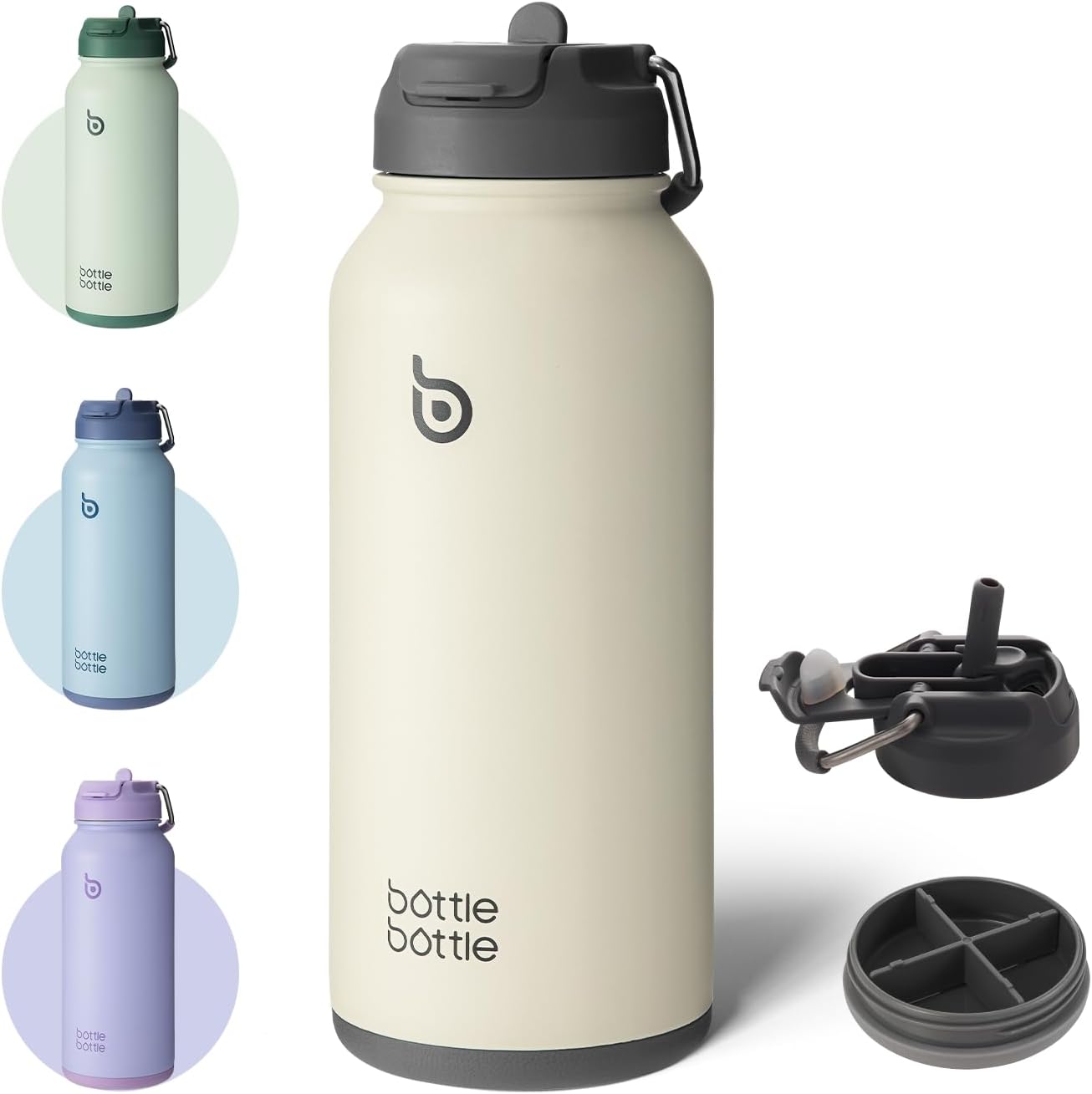 BOTTLE BOTTLE Insulated Water Bottle 950ml(32oz) Stainless Steel Sports Water Bottles with Straw Dual-use Lid Drink Flask Design for Gym with Pill Box (Gray)