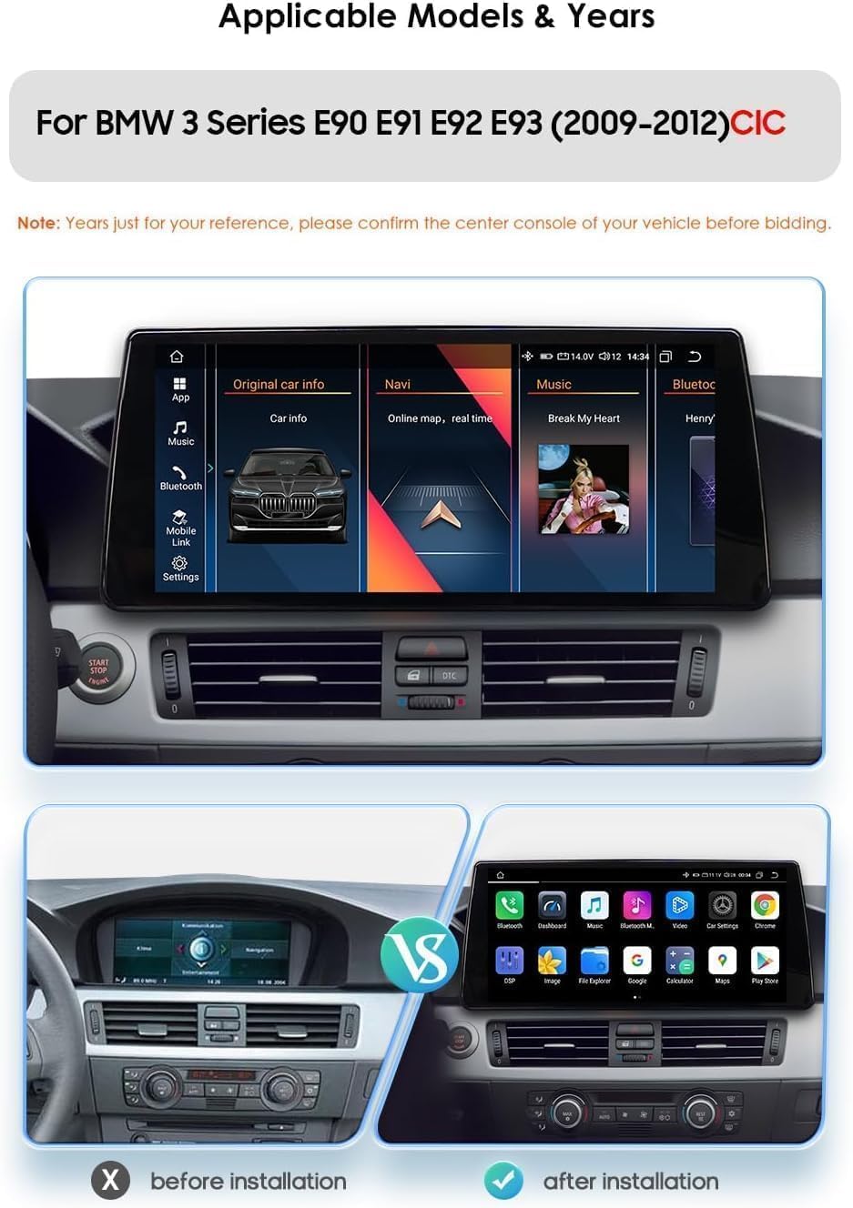 10.33 inch 8-core 4GB & 32GB car Radio for BMW 3 Series E91 E92 E93 CIC 2009–2012 Car Stereo Supports SWC, Bluetooth 5.0/WiFi, Wireless Carplay&Android Auto, reversing Camera Radar, 2USB