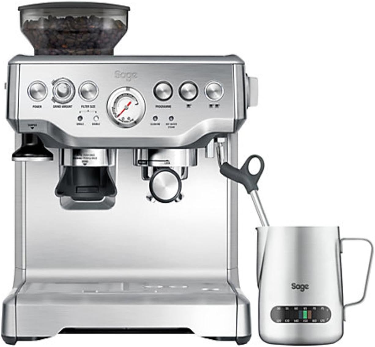 Sage - The Barista Express - Bean to Cup Coffee Machine with Grinder and Manual Milk Frother - 16 Grind Settings, 15 Bar Pump, PID Temp Control - With Temperature Control Jug, Brushed Stainless Steel