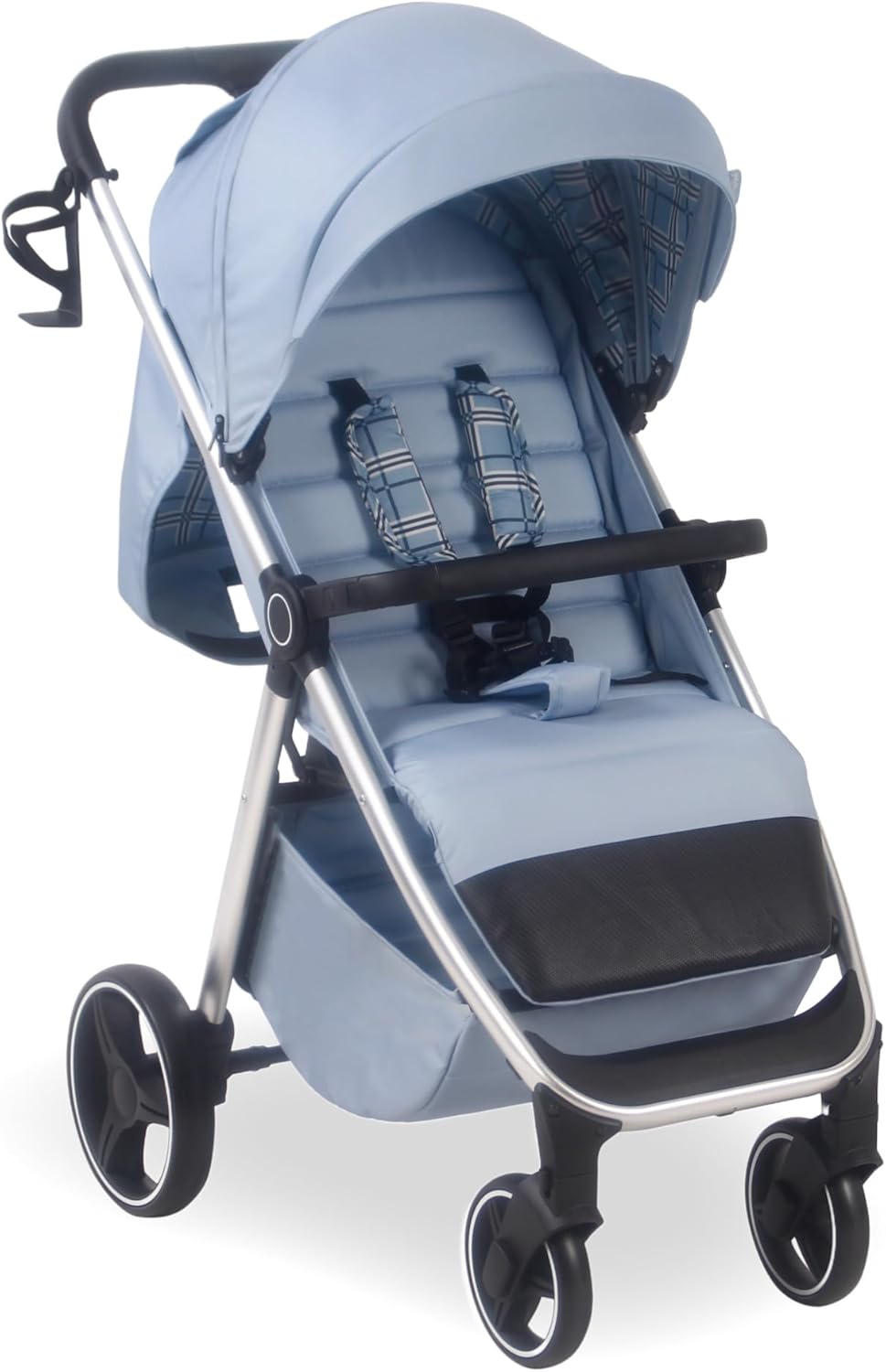 My Babiie MB160 Pushchair – from Birth to 4 Years (22kg), 4-Wheel Suspension, Large Basket, XL Canopy, Foldable, Compact, Stroller with Footmuff, Cup Holder, Rain Cover – Blue Plaid