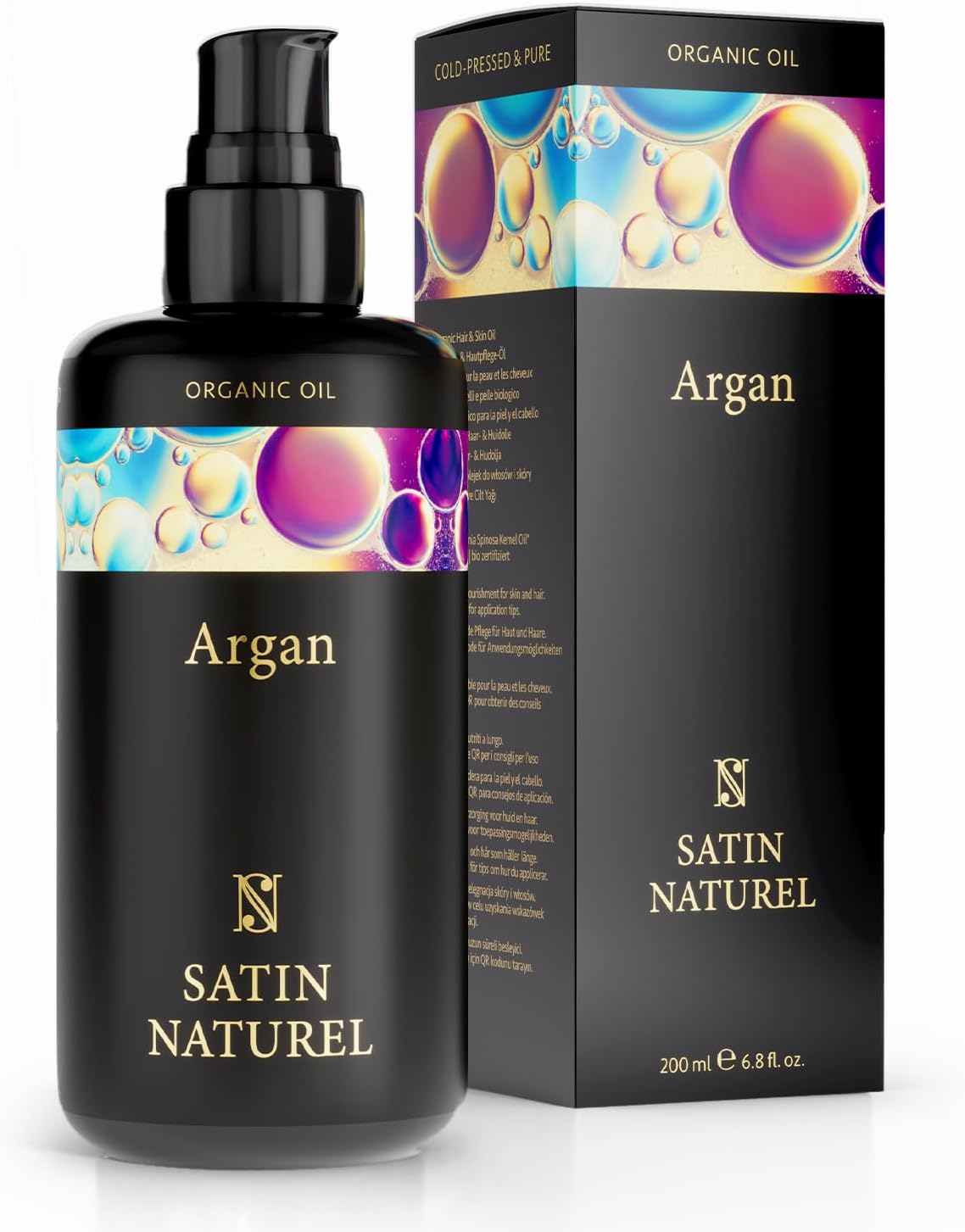 Satin Naturel Argan Oil for Hair Skin and Nails 200ml - Natural Moisturiser - Organic Hair Growth Oil for Healthy Hydrated Hair - Natural Hair Oil for Women and Men - Massage Oil - Beard Oil