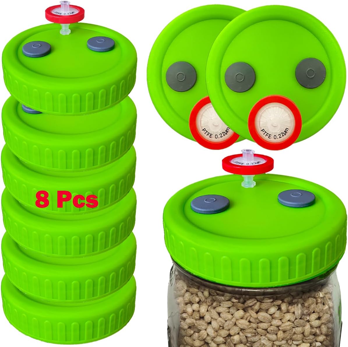 8Pcs Wide Mouth Liquid Culture Lids,Plastic Mason Jar Lid with 0.22um PTFE Syringe Filter & 20mm Self Healing Injection Ports For Mushroom