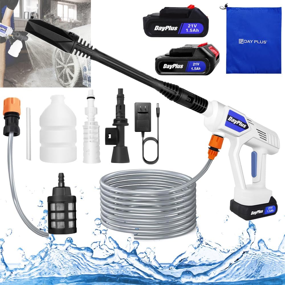Cordless Pressure Washe Portable High-Pressure Washer Car Washer Wireless Water Cleaner, Electric Washer with 2X 1.5Ah Battery & Fast Charger, Cordless Jet Wash for Garden Patio Yard Window, 5M Hose