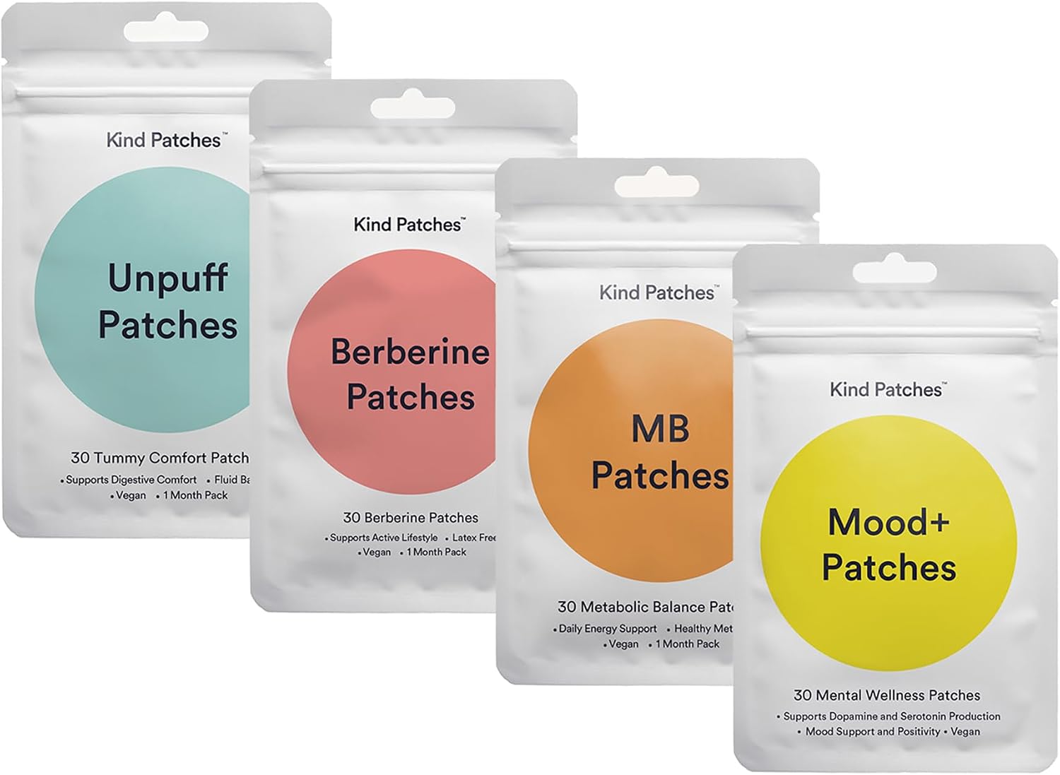 Kind Patches Unpuff, Berberine, MB, and Mood Plus Patches Bundle - Vegan, Latex Free - 4 Pack, 120 Patches