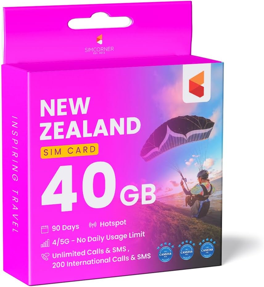 New Zealand Travel Sim Card (40 GB, 60 Days) - OneNZ Data Sim Card w/Unlimited Minutes to NZ Landlines/Numbers - Tethering/Hotspot Card- 3-in-1 Standard, Micro, & Nano Sim Card for Unlocked Phones