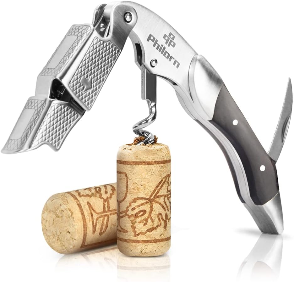 Philorn Professional Wine Opener Corkscrew Bottle Opener Foil Cutter All-in-one Stainless Steel Cap Remover with Ebony Wood Handle Best Choice of Housewife Sommeliers Waiter Bartender