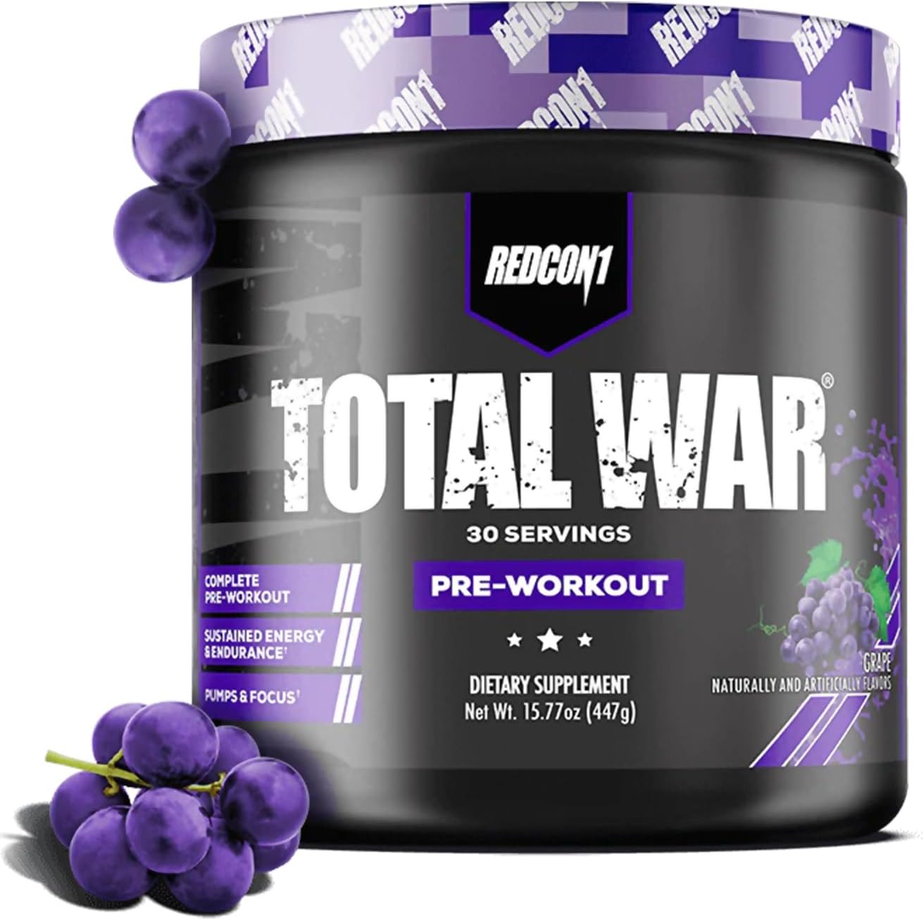 REDCON1 Total War Pre Workout, Grape - Fast Acting Caffeinated Preworkout for Men + Women with Beta Alanine - Contains Citrulline Malate for Increased Pump, Blood Flow (30 Servings)