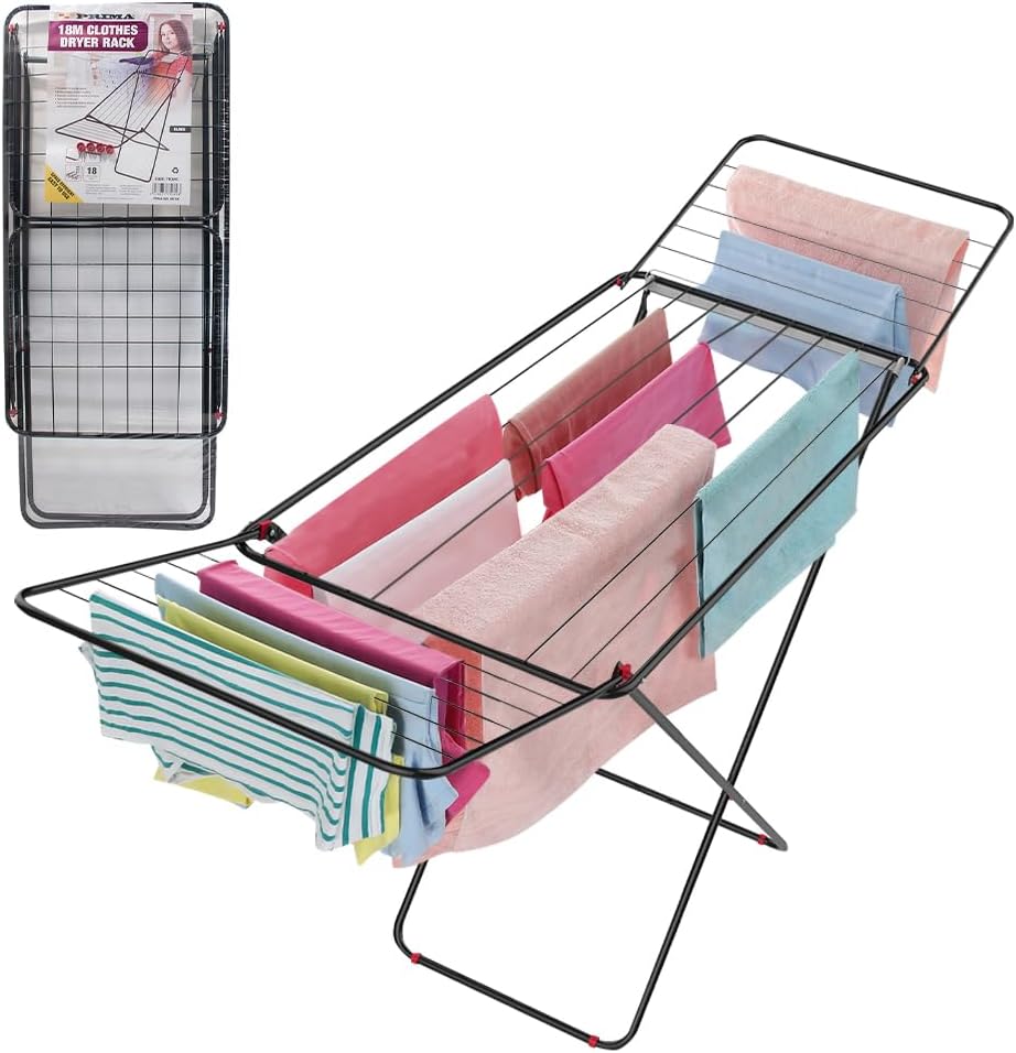 18M Cloth Dryer Rack - Stand Towel Rail Airer Concertina Laundry Washing Winged | Dryer Rail for Indoor and Outdoor Use | Foldable Drying Rack | 22 Bar Clothe Airer - Drying Rack For Laundry Black