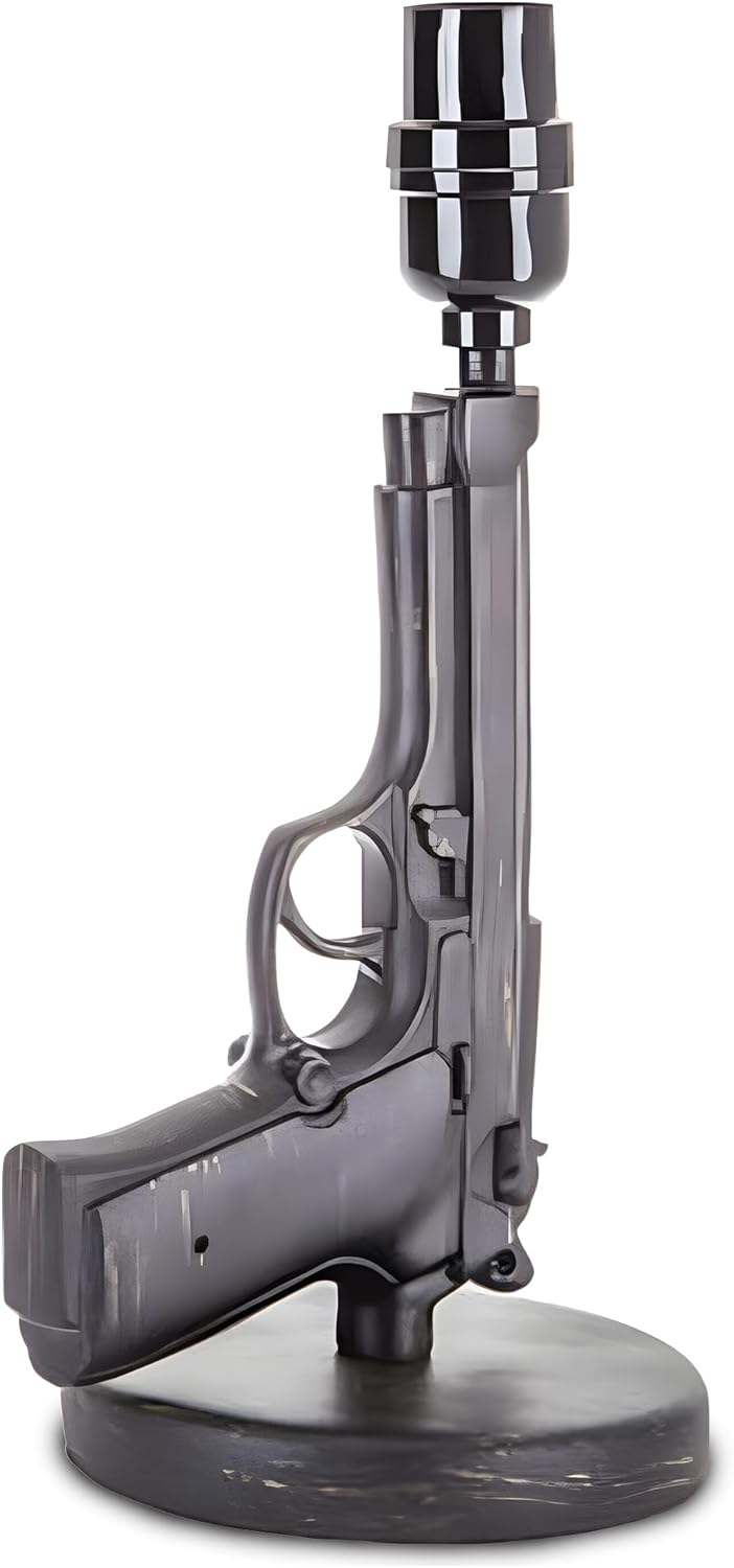 Rustic Pistol Table Lamp – Realistic Novelty Outdoor Lamp – Tabletop Lantern w/ Brushed Black Finish & Gold Detailing – Gun Decorations for Man Cave - Outdoor Torches for Desk Accessories and Decor