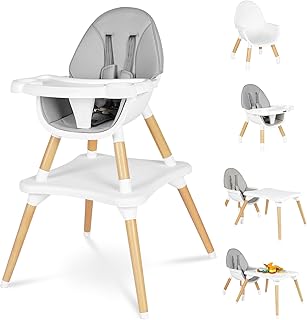 High Chair for Babies & Toddlers, Convertible Wooden 6 in 1 Baby Highchair, Table and Chair Set, Building Block Table, 5-Point Adjustable Seat Belts, 4-Position Removable Tray& PU Seat Cushion (Grey)
