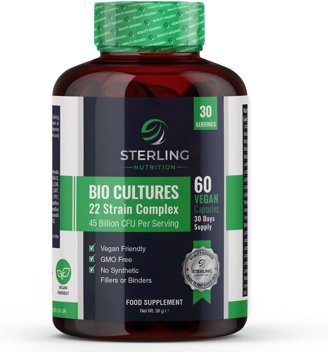 Bio Cultures Complex - Vegan Probiotic for Adults, Pack of 60 Capsules | Digestive Enzyme Supplements for Gut Health | 45 Billion CFU & 22 Live Bacteria Strains | STERLING NUTRITION