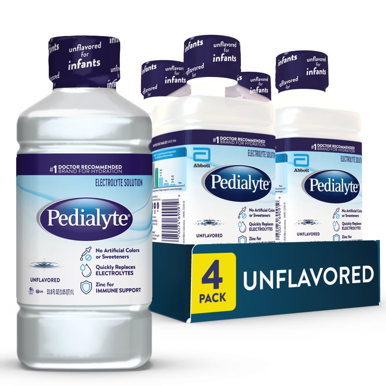 Pedialyte Electrolyte Drink, Unflavored Hydration Drink, 1 Liter, 4pk
