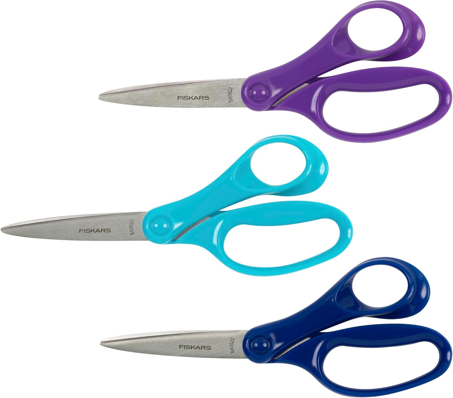 Fiskars 7" Student Scissors for Kids Ages 12-14 (3-Pack), Scissors for School or Crafting, Back to School Supplies, Purple, Blue and Turquoise