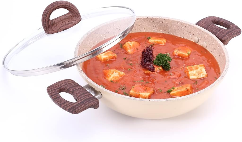 Wonderchef Duralife Die-cast 24 cm Kadhai with lid5 Layer Healthy Duramax Non-Stick CoatingSoft Touch HandlesPure Grade Aluminium PFOA Free 2.5 litres 2 Year Warranty MediumIvory