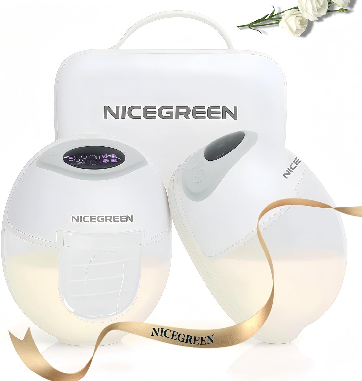 NICEGREEN Wearable Breast Pump S32, Hospital-Grade Hands-Free Electric Breastfeeding Pump, 9 Adjustable Suction Levels, Portable Wireless Double Breast Pump with Carrying Bag, 24mm, 2 Pack, Grey