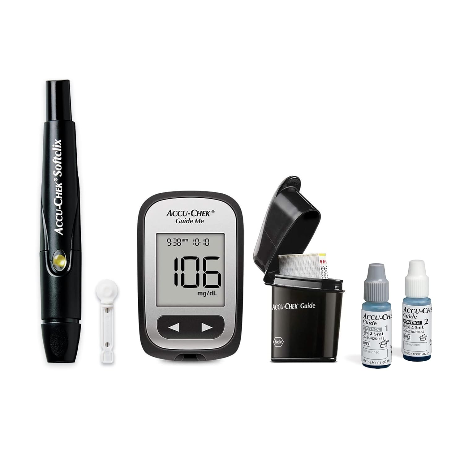 Accu-Chek Softclix Glucose Monitor Kit for Diabetic Blood Sugar Testing: Guide Me Meter, Softclix Lancing Device & 110 Lancets, 100 Guide Test Strips, and Control Solution (Packaging May Vary)