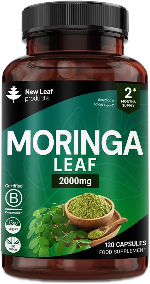 Moringa Leaf Capsules - High Strength Moringa Capsules 2000mg - Pure Vegan Extract & Powder - 120 (Two Months Supply) Enriched with Black Pepper by New Leaf