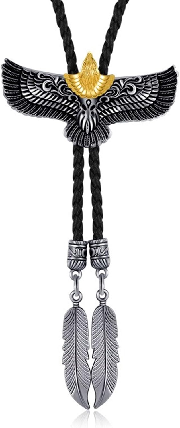 LUOFENG Neck Tie,Mens Women Bolo Tie Metal Flying Eagle Cowboy Leather Rope Necktie Western Necklace with Feathered Pendant