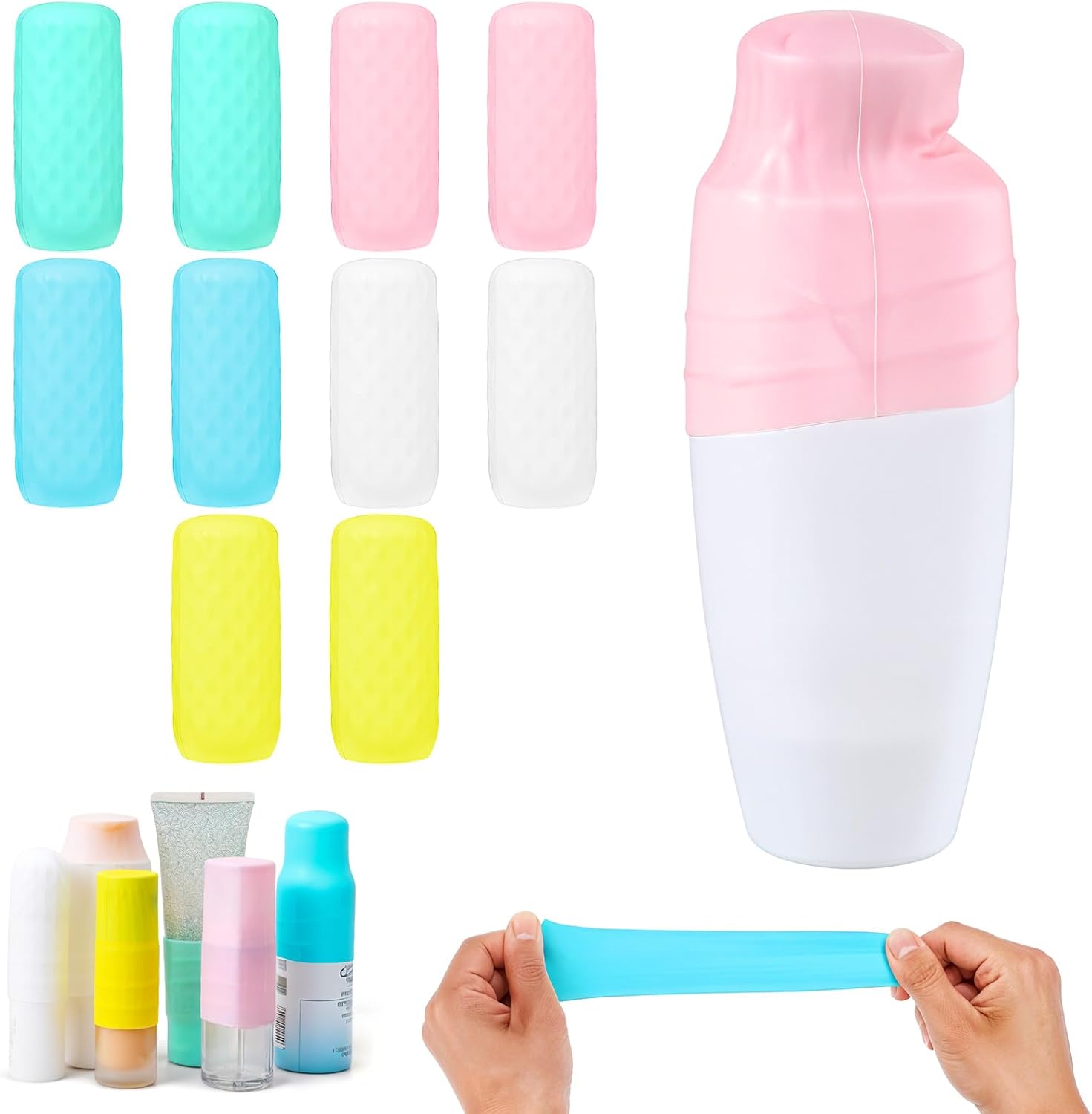 Tyqour 10 Pack Elastic Sleeves for Leak Proofing Silicone Bottle Covers, Travel Essentials, Fits Various Travel Size Bottles