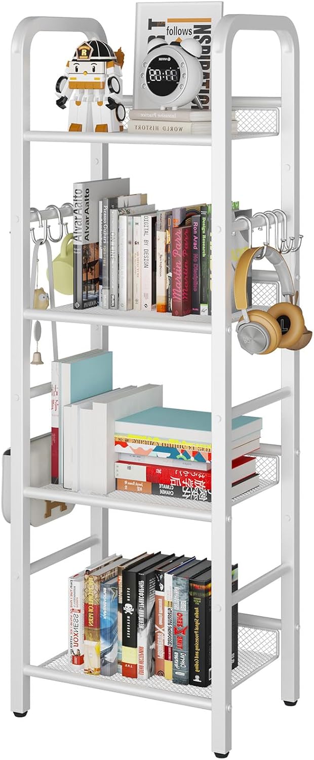 YMYNY Bookshelf, Bookcase, 4-Tier Storage Shelf, Metal Shelving Unit, 8Pcs S Hooks, Modern Style, 36 x 27 x 116 cm, Corner Shelf, Display Units for Living Room, Bedroom, Office, White HBC054W