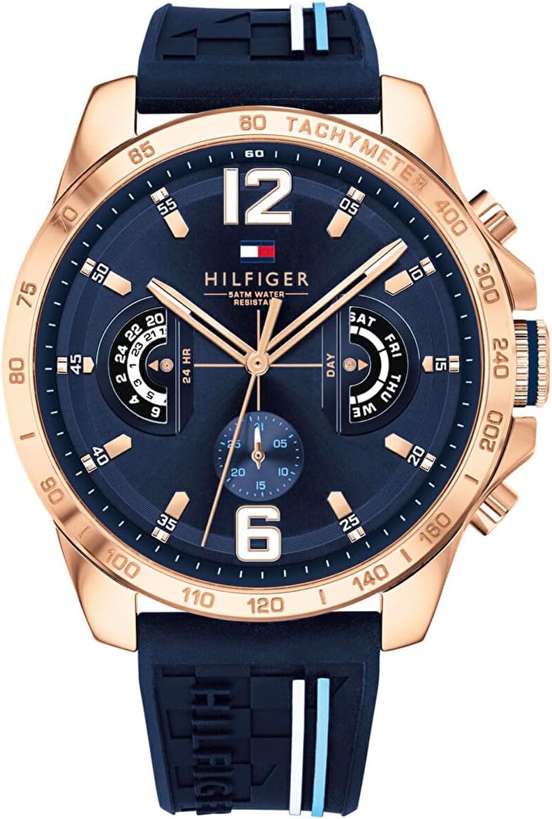 Tommy Hilfiger Analogue Multifunction Quartz Watch for Men with Silicone, Stainless Steel or Leather Bracelet, Day & Date Sub-Dials, 5ATM Water Resistant