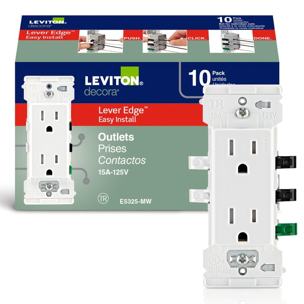 Leviton Lever Edge 15 Amp Tamper-Resistant Duplex Wall Outlet, 10-Pack, E5325-MW, White