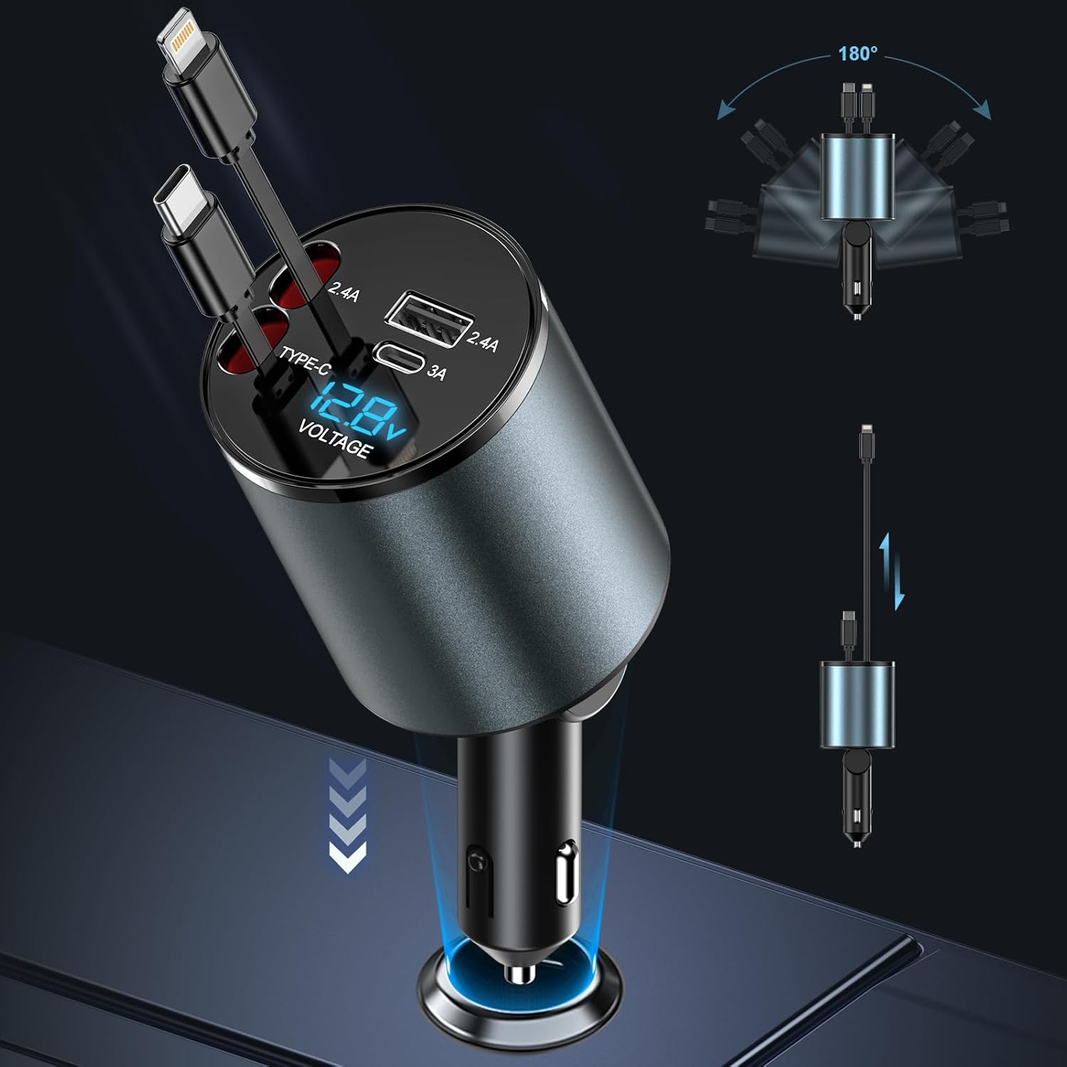 LUOCAI 120W 4 in 1 Car Charger Retractable Car Phone Charger with Retractable Cables and Voltage Display, for 12V / 24V Vehicles, Compatible with i-P-hone, Android, Samsung Galaxy