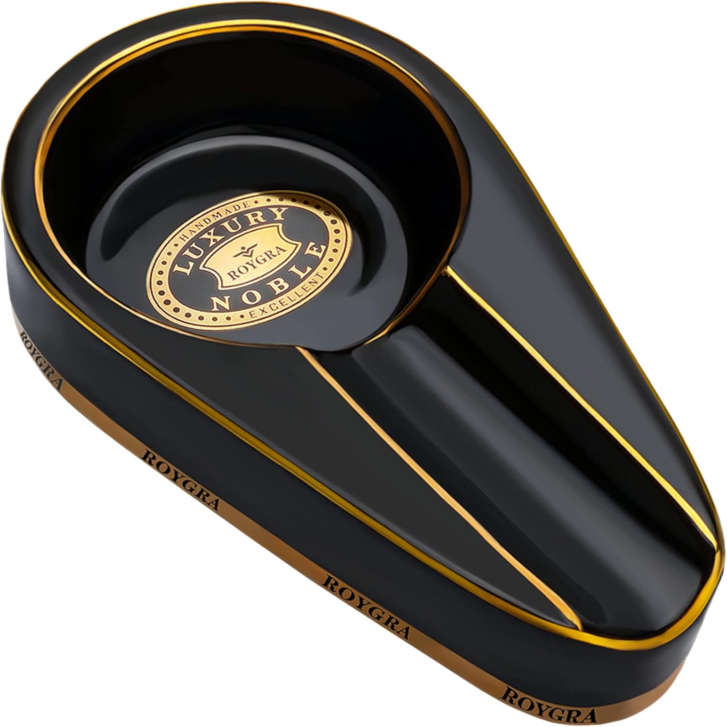 roygra Cigar Ashtray, Handmade Gilt Ceramic Cigar Ashtray, Outdoor Cigar Accessories (Black)