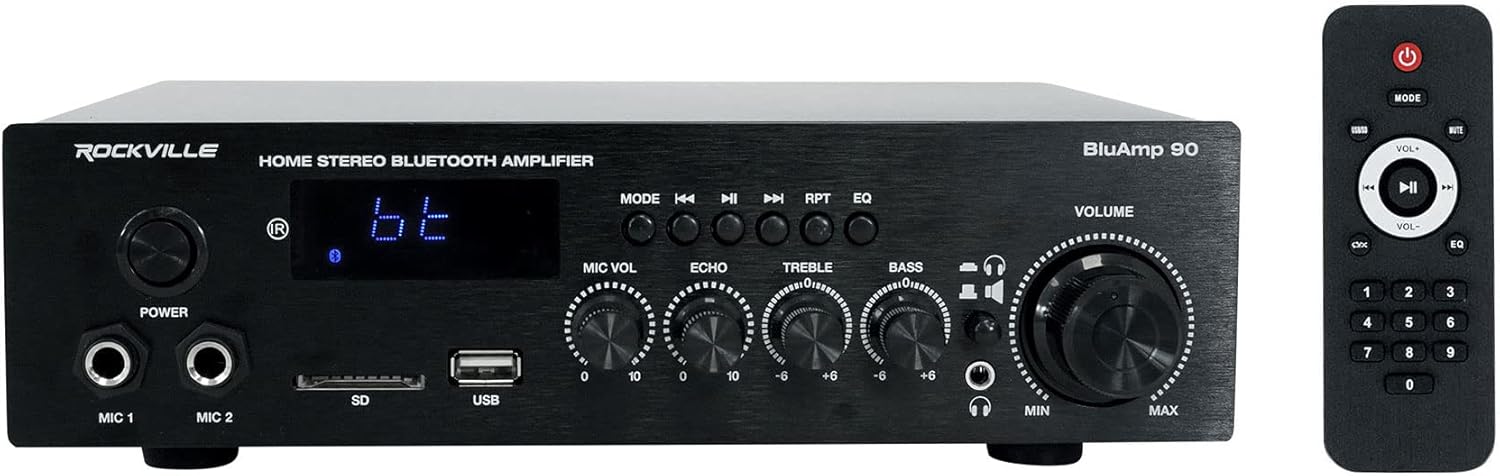 Rockville BLUAMP 90 60W RMS Home Stereo Bluetooth Receiver Amplifier, HDMI ARC, Phono Input, USB/SD Playback, Mic Echo Control, for Home Audio and Karaoke