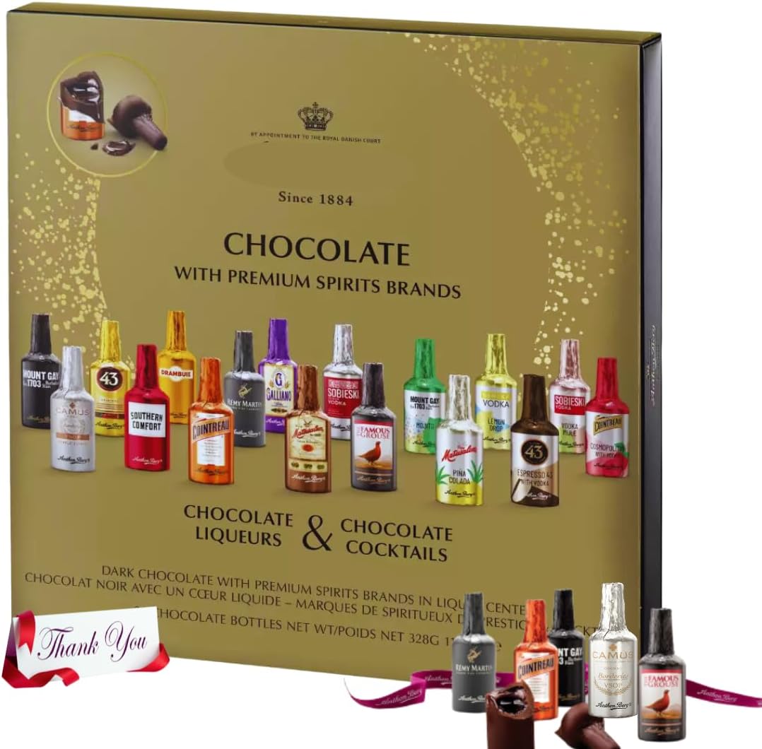 Dark Chocolate Assortment with Famous Liqueurs, Cocktails, Coffee in flavors of margarita, mojito, Irish coffee - 21x Dark chocolate luxury gift set for men women him her 328g