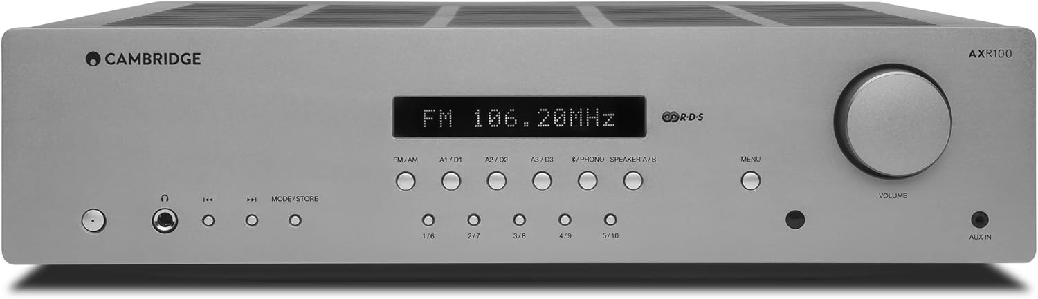 Cambridge Audio AXR100-100 Watt Separate HiFi Stereo Receiver Featuring Built-In Phono Stage FM/AM Radio and Bluetooth 5.0 - Lunar Grey
