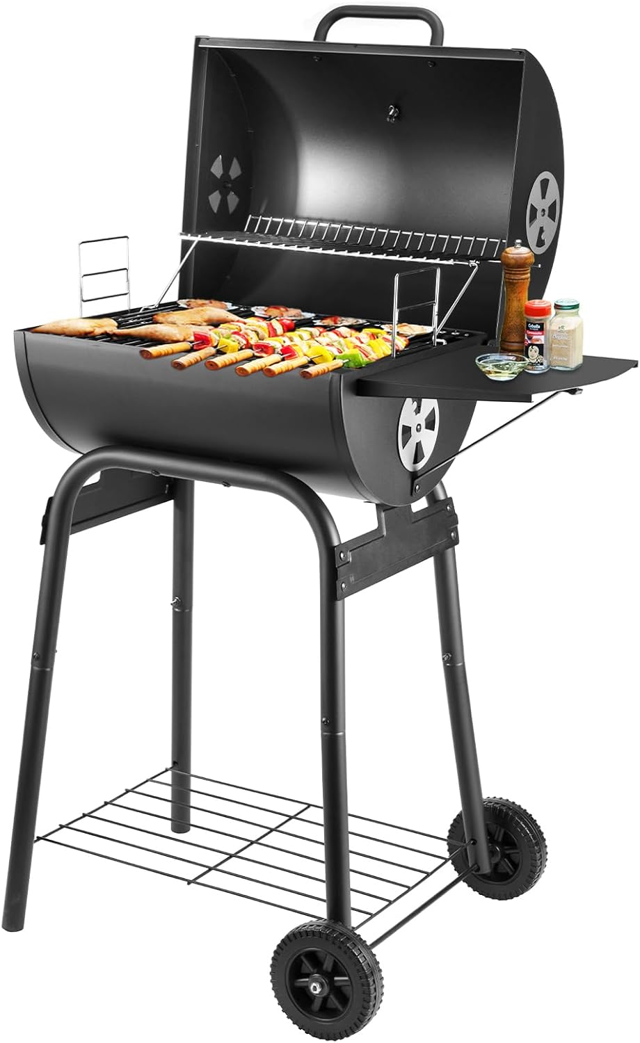 Charcoal BBQ Grill Smoker with Side Shelves, Portable Barrel Barbecue Grill Outdoor with Temperature Gauge, Warming Rack, Stainless Steel Racks, and Air Vents for Camping and Garden