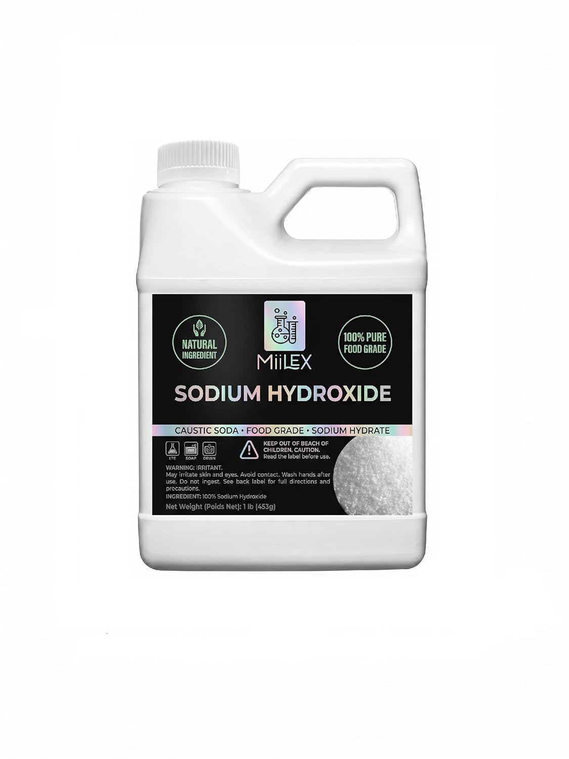 Food Grade Lye Sodium Hydroxide - (1lbs or 453g) 100% Pure Caustic Soda, Drain Cleaning, Soap Making, Culinary Use, Pretzels, Textiles, Granules