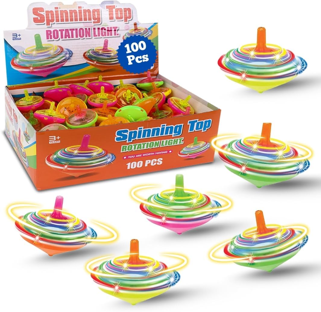 100 Pieces LED Light Up Flashing Mini Spinning Tops with Gyroscope - Kids Novelty Bulk Spin Toys Party Favors Bundle Pack Multicolored