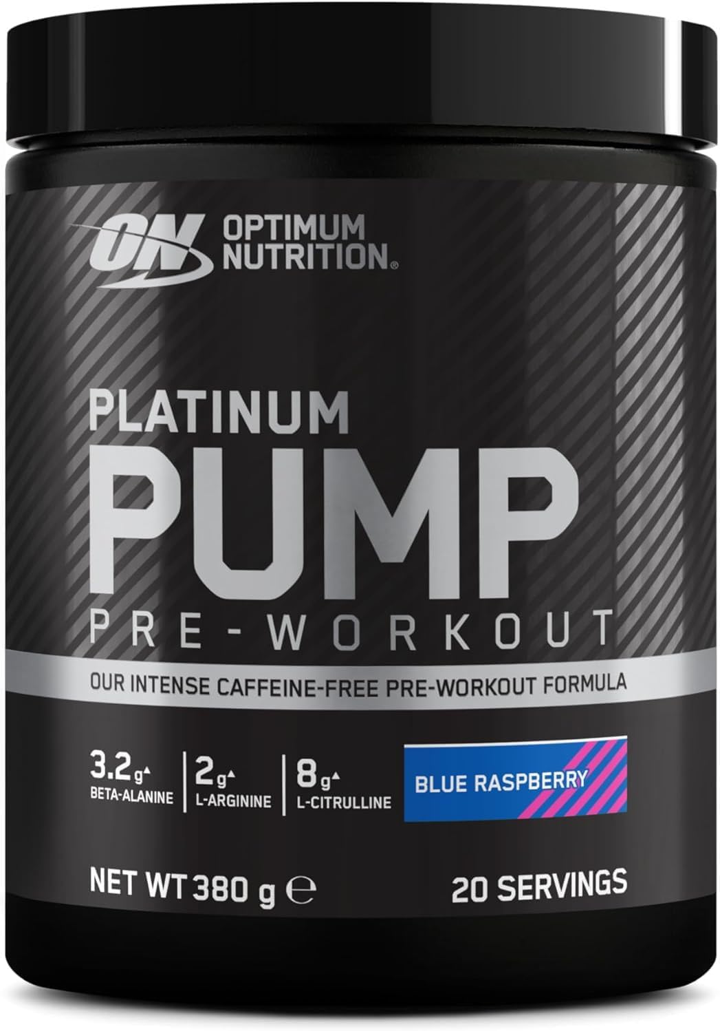 Optimum Nutrition ON Platinum Pump Pre-Workout, Intense Caffeine-Free Pre-Workout Food Supplement with Fruitflow, Beta-Alanine, L-Arginine, L-Citrulline, Blue Raspberry Flavour, 20 Servings, 380 g