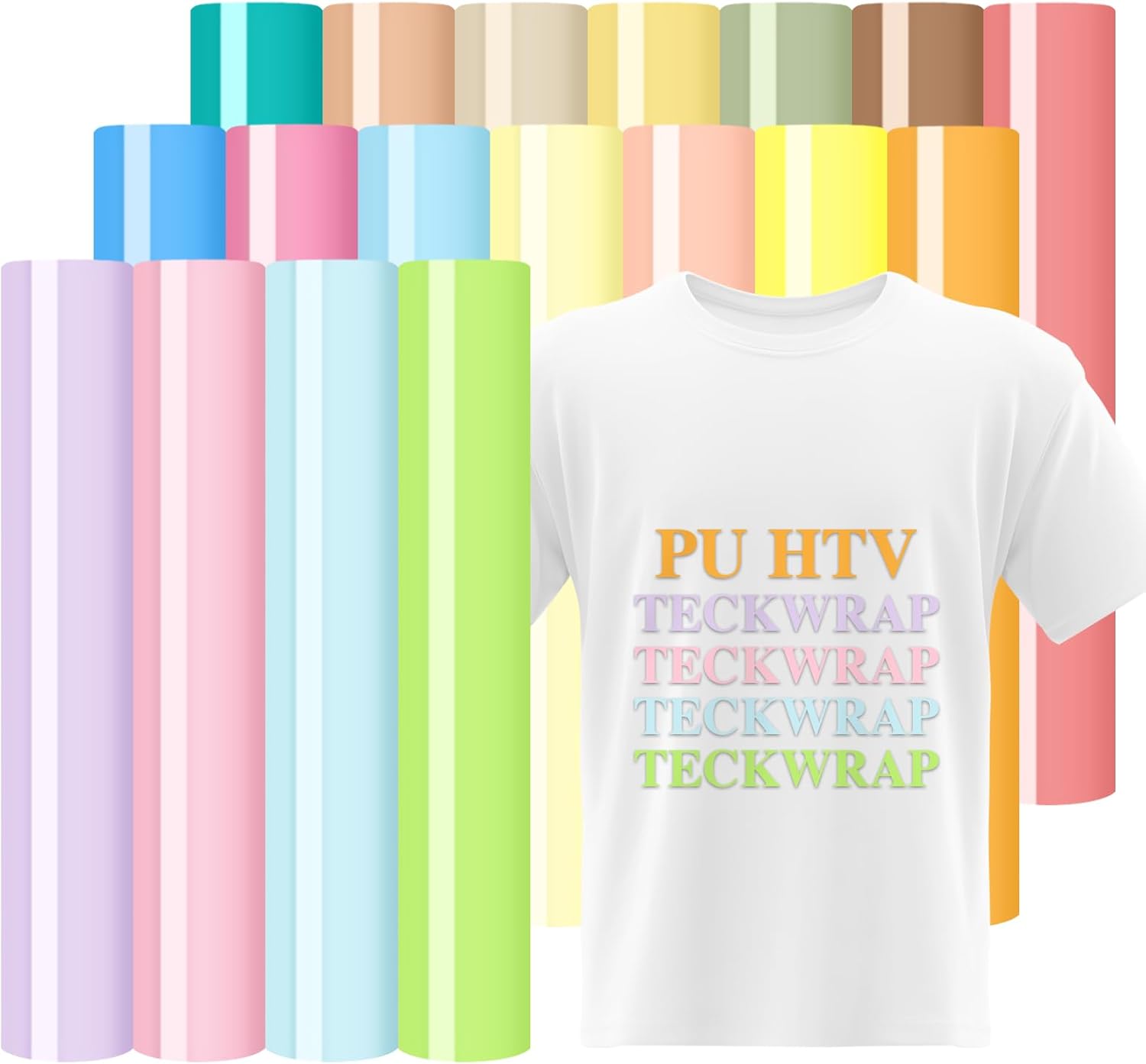 TECKWRAP Pastel Iron on Vinyl Boho Heat Transfer Vinyl 12" x 12" 18 Assorted Pastel HTV Iron on Transfers for T-Shirts Clothing, Compatible with Heat Press Craft Cutters