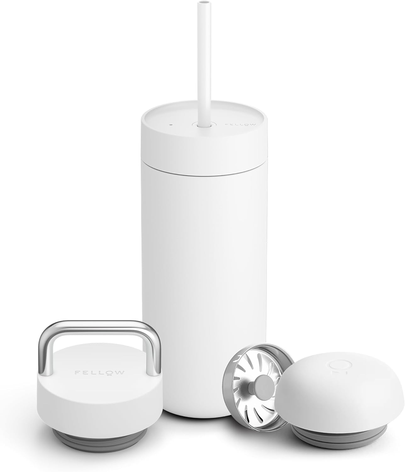 Fellow 16 oz Carter Bundle (3 in 1) Travel Mug with Carry Handle, Move & Cold Lids with Straw - To-Go Coffee Tumbler, Ceramic Interior & Vacuum-Insulated Stainless Steel - Coffee Cups-Matte White