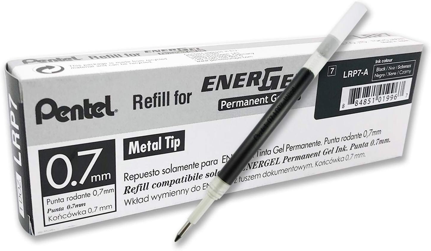 Pentel 0.7 mm EnerGel Permanent Ink Refills - Black Ink (Pack of 12 Refills)