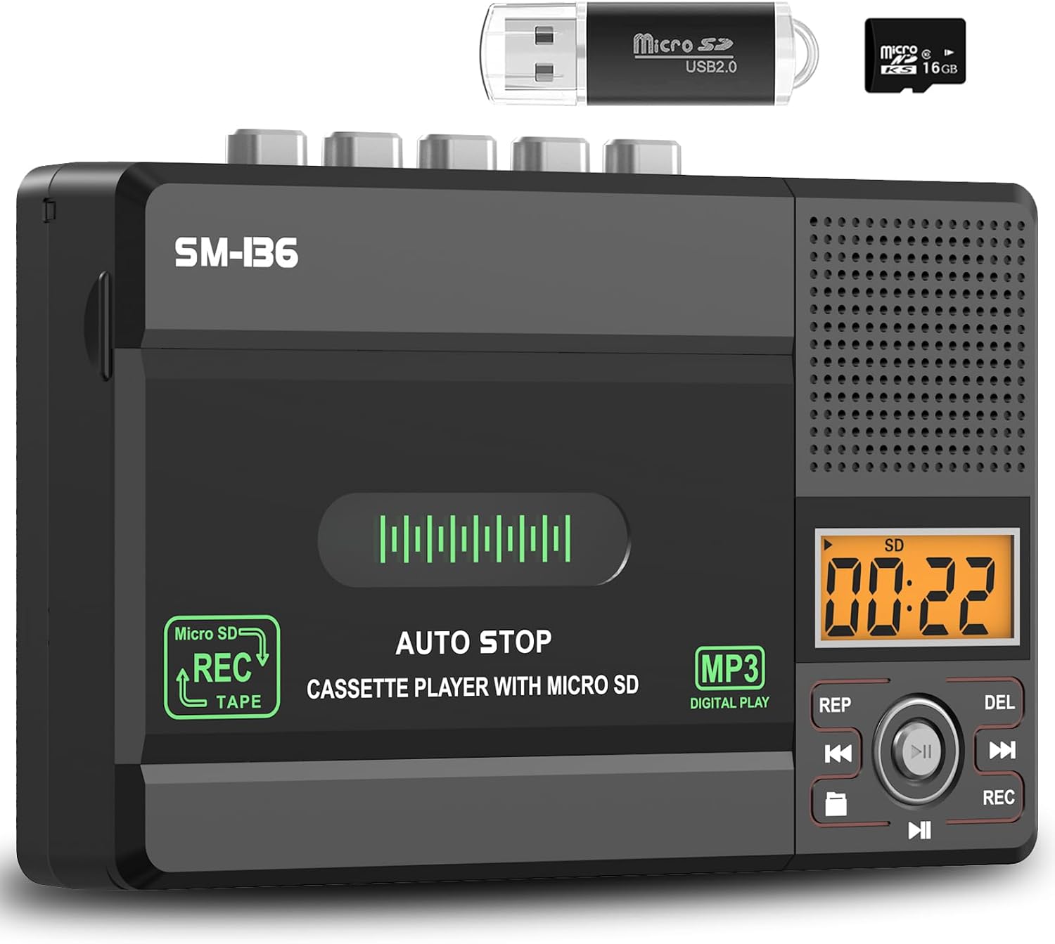 Small Cassette Tape Player, USB C or SD Card Audio Cassette to MP3 Digital Converter, Record to Cassette/Computer/SD Card via Mic, LCD Display, Loud Speaker, Headphone Jack,16GB SD Card